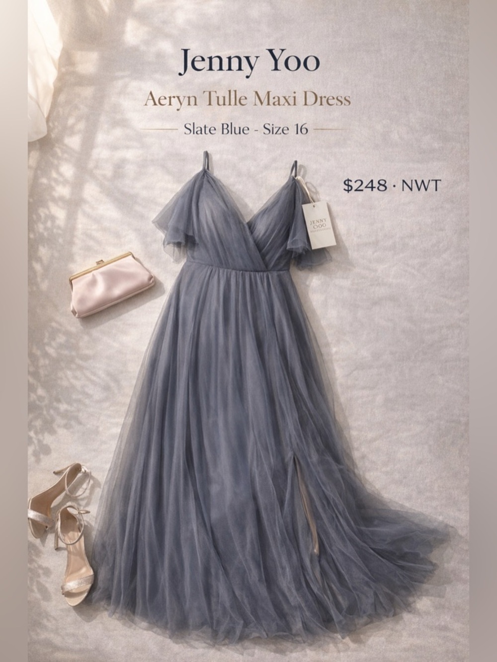 Jenny Yoo Aeryn Tulle Maxi Dress Slate Blue Size 16 NWOT